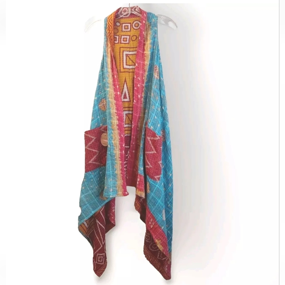 Kantha Boho Patchwork Duster Vest Patch Pockets F… - image 4